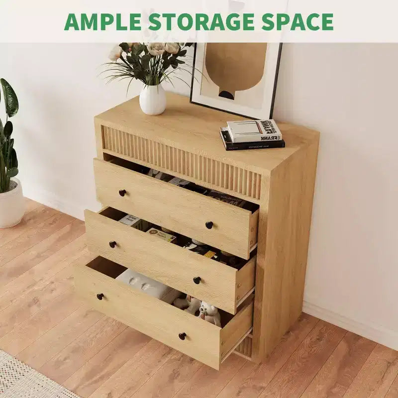 3-Drawer Fluted Dresser, 31.5"W x 15.8"D x 32"H, Natural Oak Finish