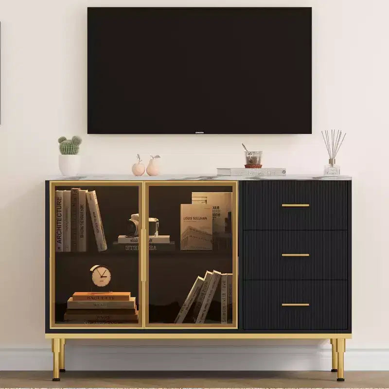 Fluted Sideboard Cabinet with 3 Drawers and 2 Glass Doors, MDF, 46.4"W x 15.7"D x 30.7"H