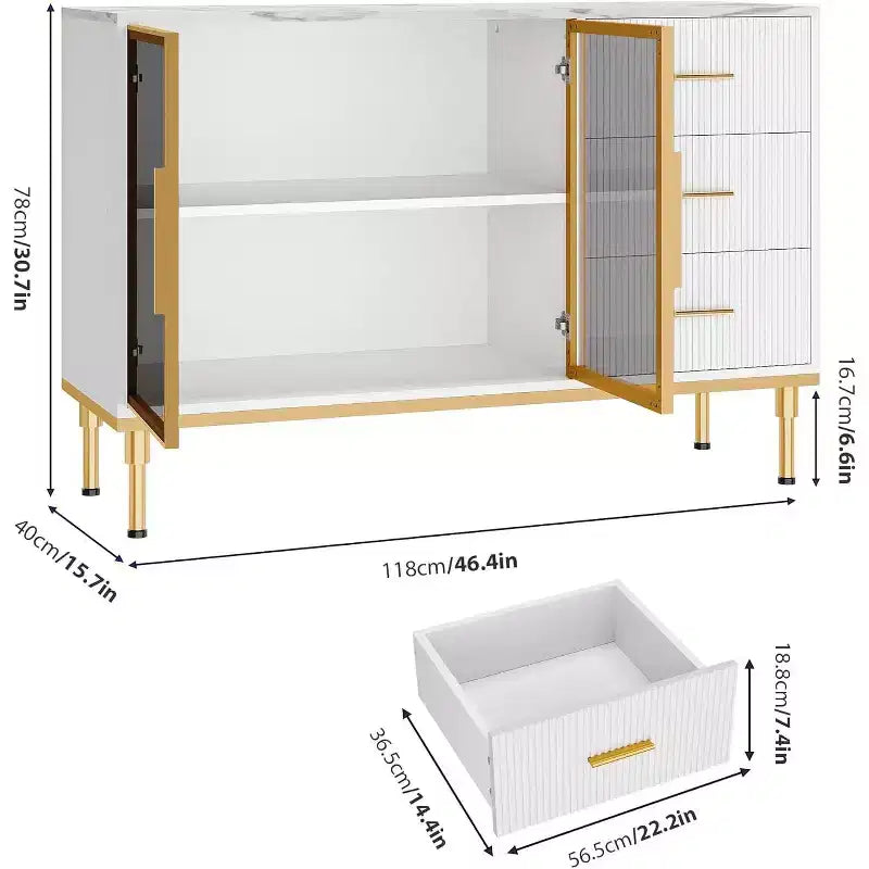 Fluted Sideboard Cabinet with 3 Drawers and 2 Glass Doors, MDF, 46.4"W x 15.7"D x 30.7"H
