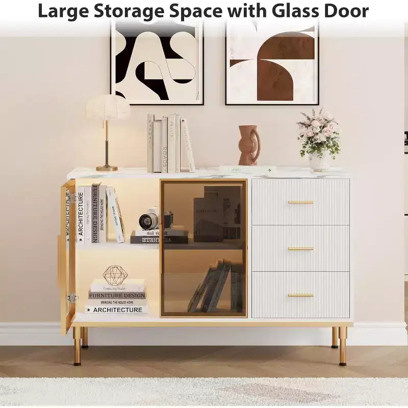 Fluted Sideboard Cabinet with 3 Drawers and 2 Glass Doors, MDF, 46.4"W x 15.7"D x 30.7"H