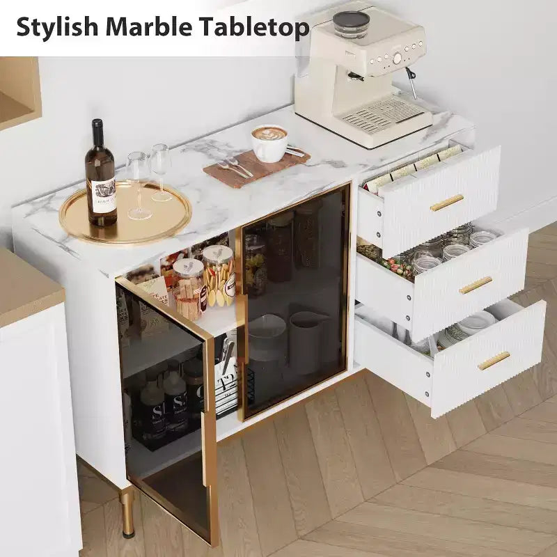 Fluted Sideboard Cabinet with 3 Drawers and 2 Glass Doors, MDF, 46.4"W x 15.7"D x 30.7"H
