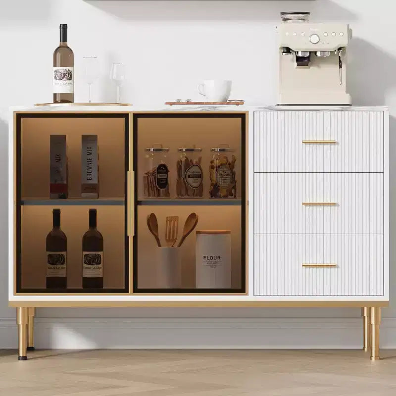 Fluted Sideboard Cabinet with 3 Drawers and 2 Glass Doors, MDF, 46.4"W x 15.7"D x 30.7"H