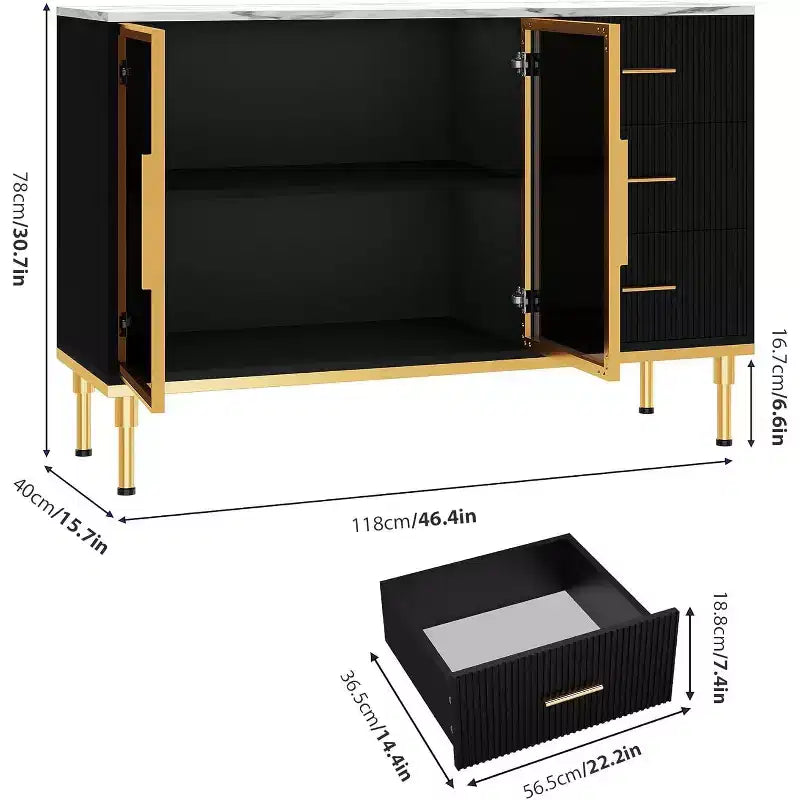 Fluted Sideboard Cabinet with 3 Drawers and 2 Glass Doors, MDF, 46.4"W x 15.7"D x 30.7"H