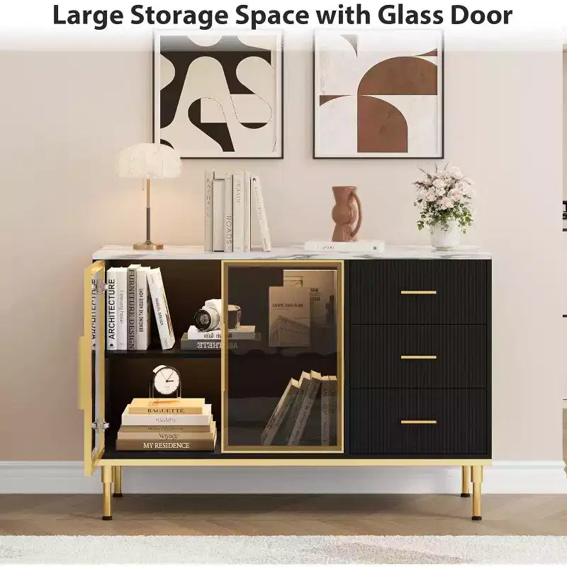 Fluted Sideboard Cabinet with 3 Drawers and 2 Glass Doors, MDF, 46.4"W x 15.7"D x 30.7"H