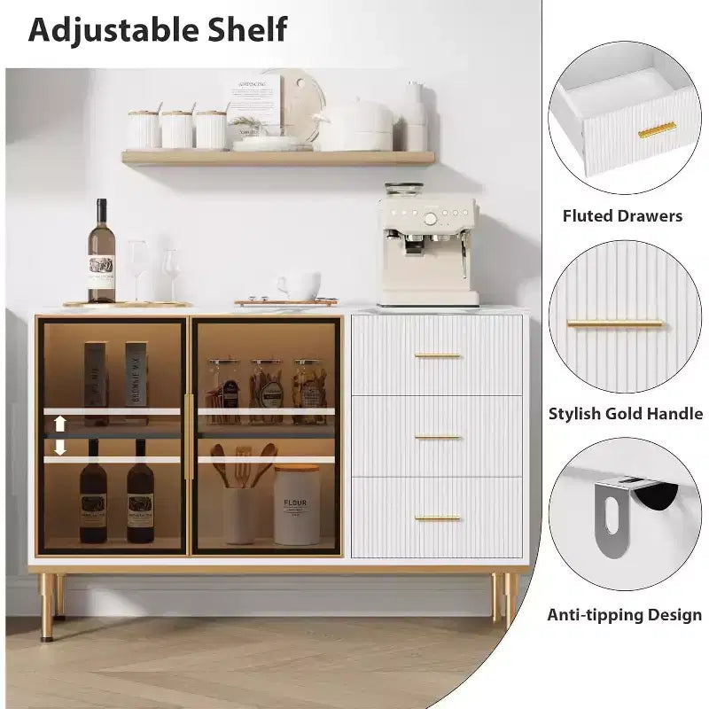 Fluted Sideboard Cabinet with 3 Drawers and 2 Glass Doors, MDF, 46.4"W x 15.7"D x 30.7"H