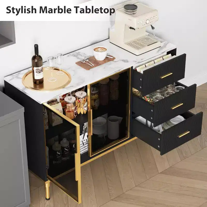 Fluted Sideboard Cabinet with 3 Drawers and 2 Glass Doors, MDF, 46.4"W x 15.7"D x 30.7"H