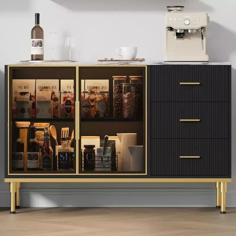 Fluted Sideboard Cabinet with 3 Drawers and 2 Glass Doors, MDF, 46.4"W x 15.7"D x 30.7"H