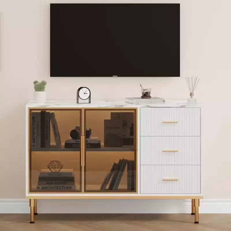 Fluted Sideboard Cabinet with 3 Drawers and 2 Glass Doors, MDF, 46.4"W x 15.7"D x 30.7"H