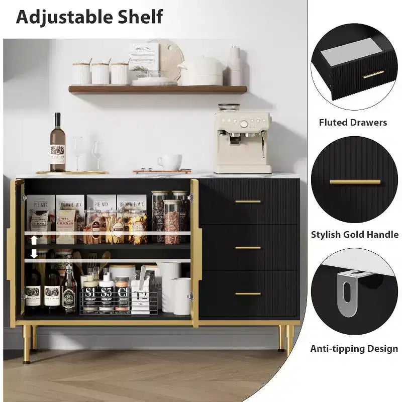 Fluted Sideboard Cabinet with 3 Drawers and 2 Glass Doors, MDF, 46.4"W x 15.7"D x 30.7"H