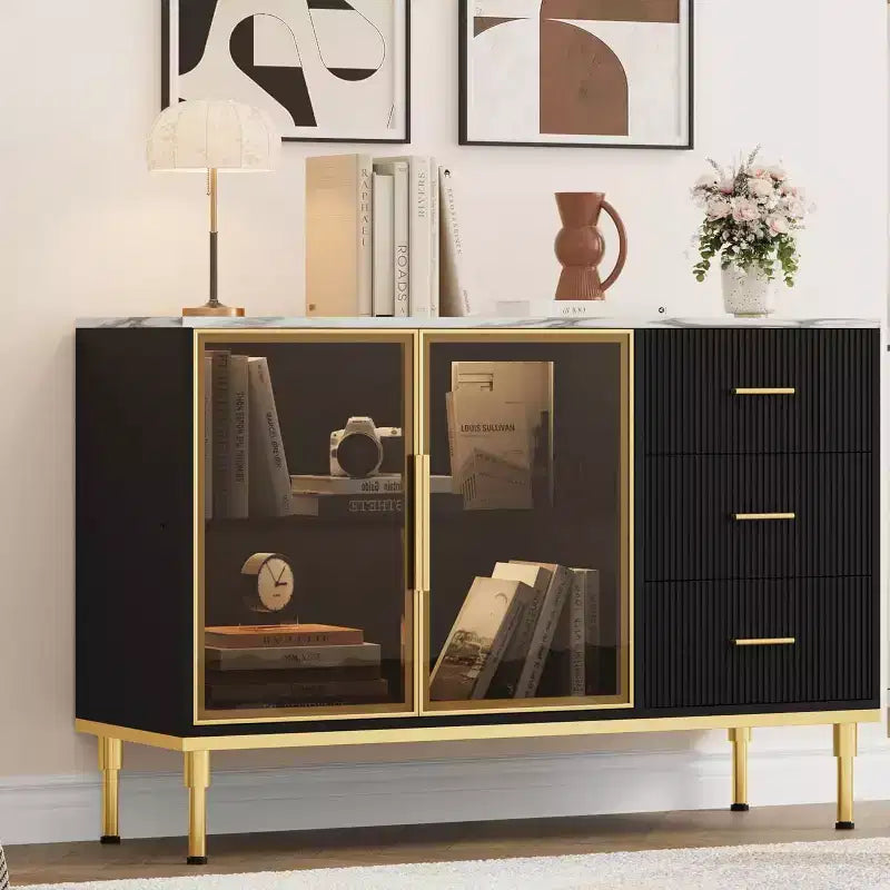 Fluted Sideboard Cabinet with 3 Drawers and 2 Glass Doors, MDF, 46.4"W x 15.7"D x 30.7"H