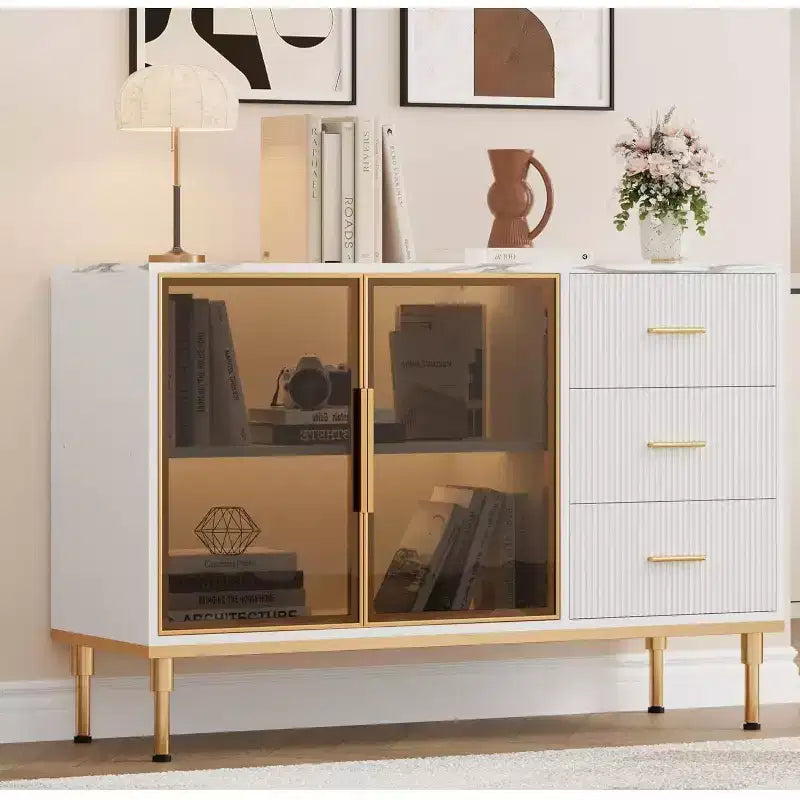 Modern Buffet Cabinet with Storage, Fluted Sideboard Cabinet with Drawers & Glass Doors for Entryway, Living Room, Kitchen