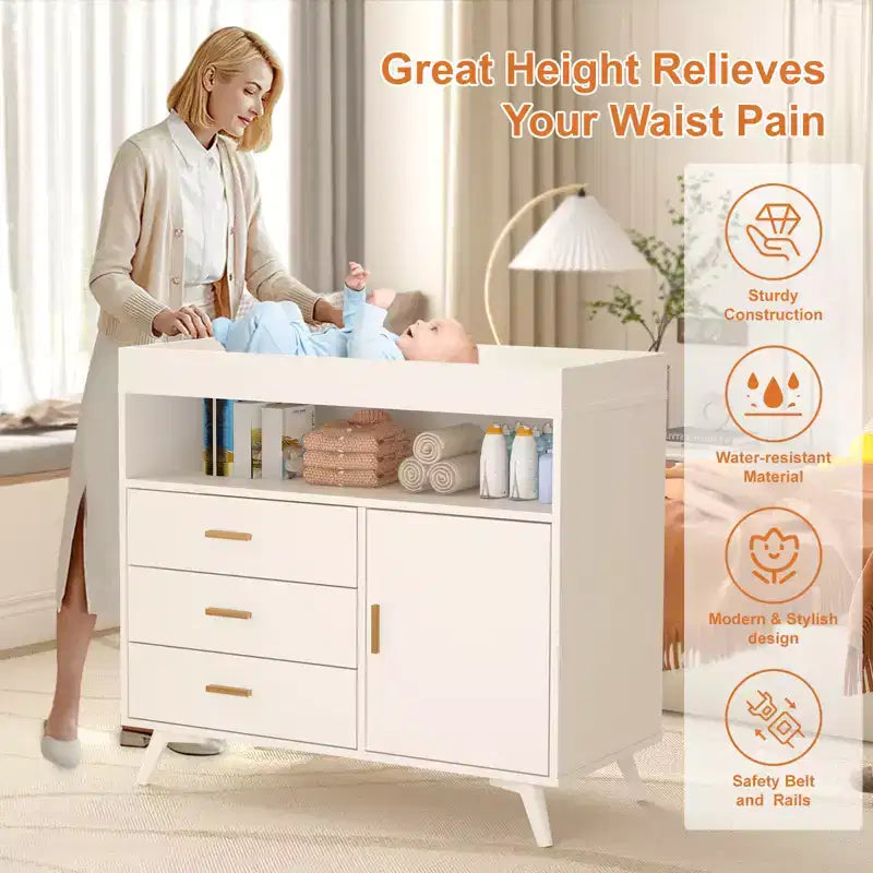 Baby Changing Table Dresser with 3 Drawers, MDF, 43"W x 17.7"D x 37"H, CPC Certified