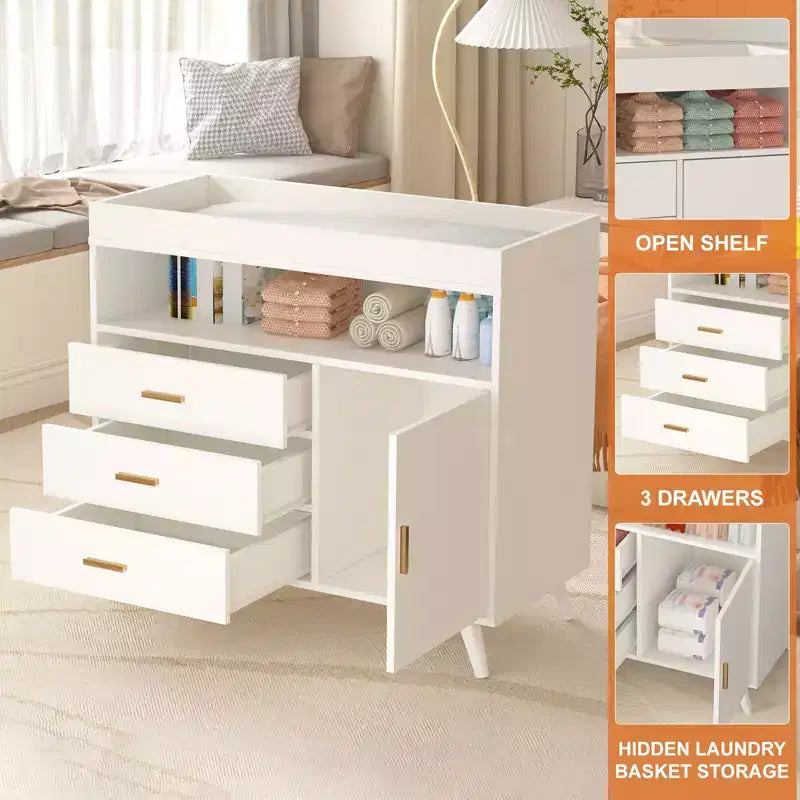 Baby Changing Table Dresser with 3 Drawers, MDF, 43"W x 17.7"D x 37"H, CPC Certified