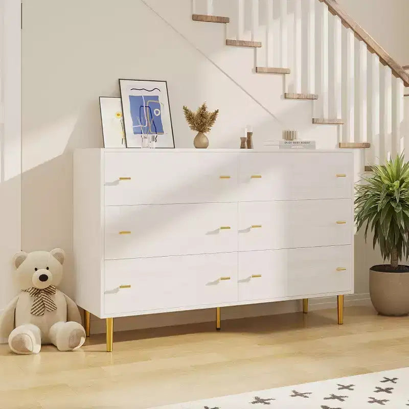 6 Drawers Dresser for Bedroom,Wood Rustic Chest of Drawers with Bar Handles, Vintage Design, Storage Dressers Organizer for Bedroom, Living Room