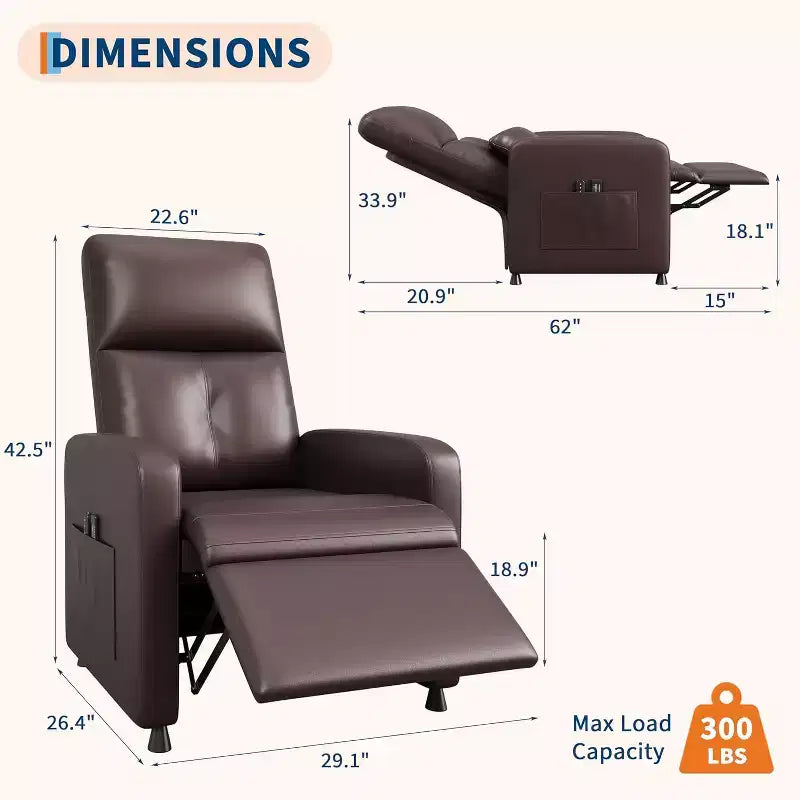 Recliner Chair with Massage, Heat and Lumbar Support, Faux Leather, 29.1"W x 26.4"D x 42.5"H, Holds up to 300 lbs