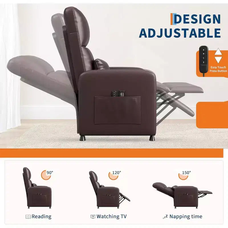Recliner Chair with Massage, Heat and Lumbar Support, Faux Leather, 29.1"W x 26.4"D x 42.5"H, Holds up to 300 lbs