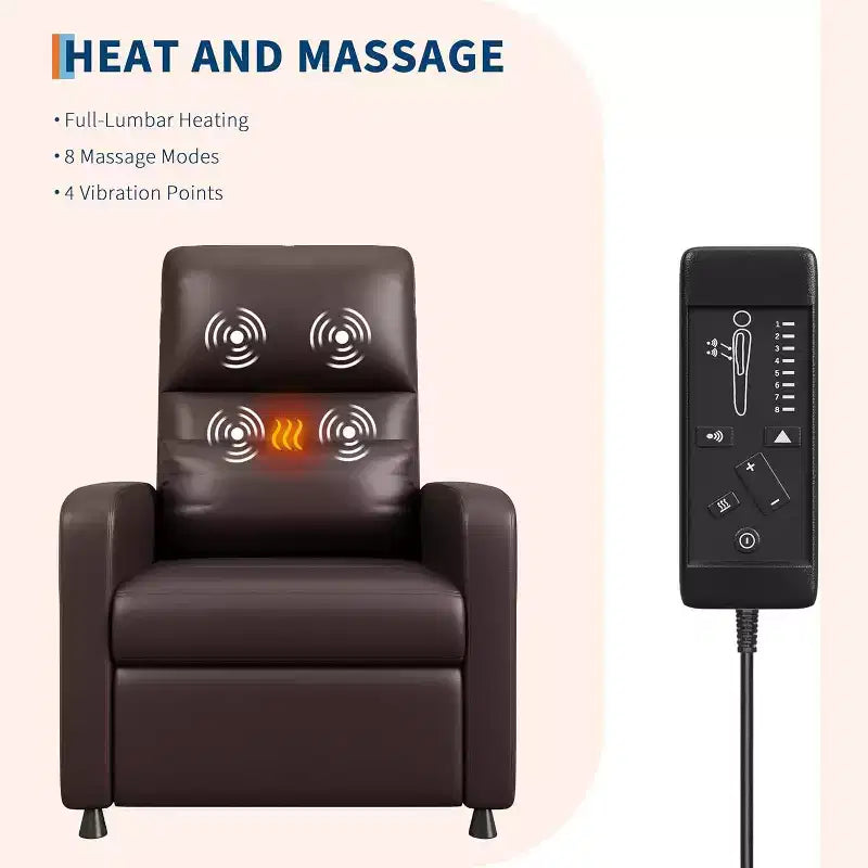 Recliner Chair with Massage, Heat and Lumbar Support, Faux Leather, 29.1"W x 26.4"D x 42.5"H, Holds up to 300 lbs