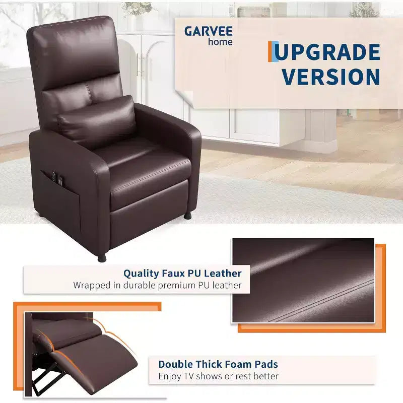 Recliner Chair with Massage, Heat and Lumbar Support, Faux Leather, 29.1"W x 26.4"D x 42.5"H, Holds up to 300 lbs