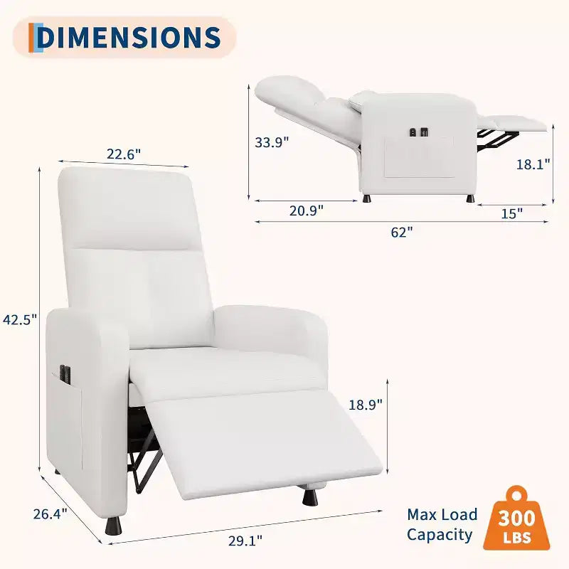 Recliner Chair with Massage, Heat and Lumbar Support, Faux Leather, 29.1"W x 26.4"D x 42.5"H, Holds up to 300 lbs
