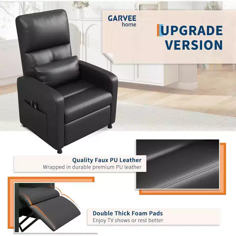Recliner Chair with Massage, Heat and Lumbar Support, Faux Leather, 29.1"W x 26.4"D x 42.5"H, Holds up to 300 lbs