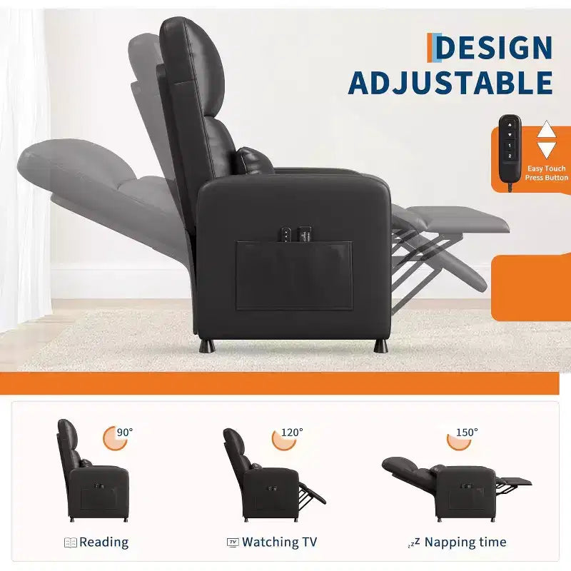 Recliner Chair with Massage, Heat and Lumbar Support, Faux Leather, 29.1"W x 26.4"D x 42.5"H, Holds up to 300 lbs