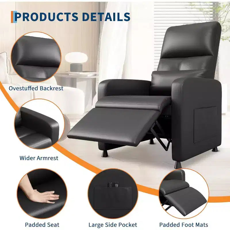 Recliner Chair with Massage, Heat and Lumbar Support, Faux Leather, 29.1"W x 26.4"D x 42.5"H, Holds up to 300 lbs