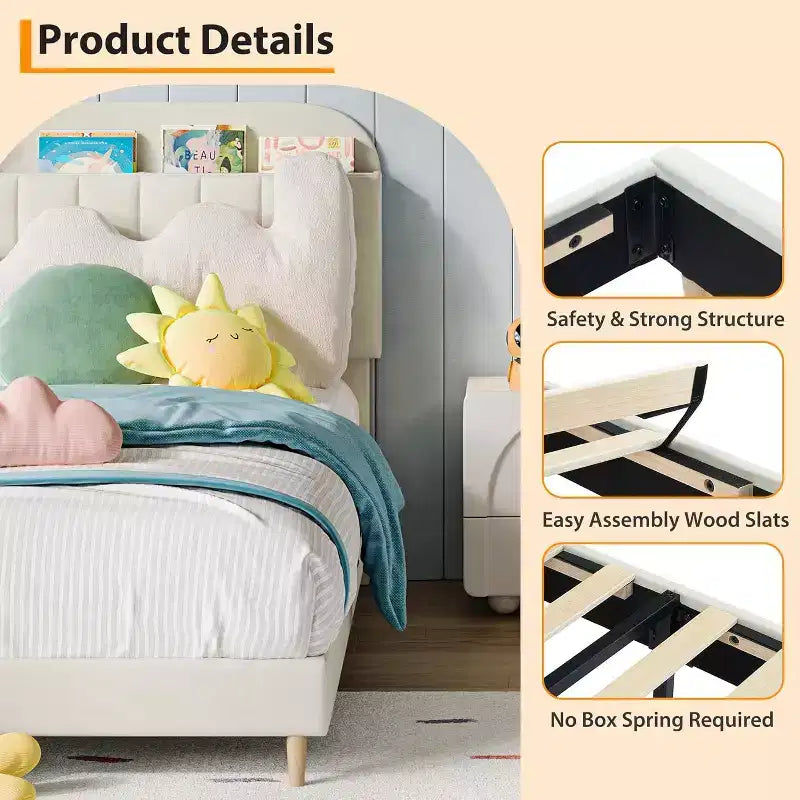 Kids Platform Bed with Storage Headboard and Bookshelf, Velvet Upholstered, No Box Spring Needed, Full/Twin/Twin XL