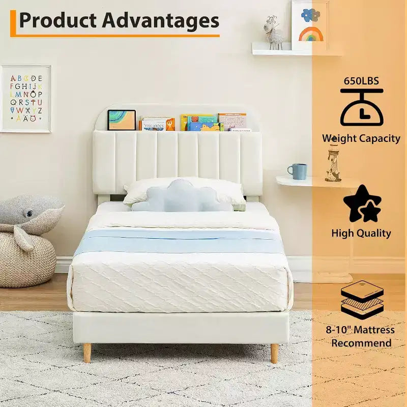 Kids Platform Bed with Storage Headboard and Bookshelf, Velvet Upholstered, No Box Spring Needed, Full/Twin/Twin XL