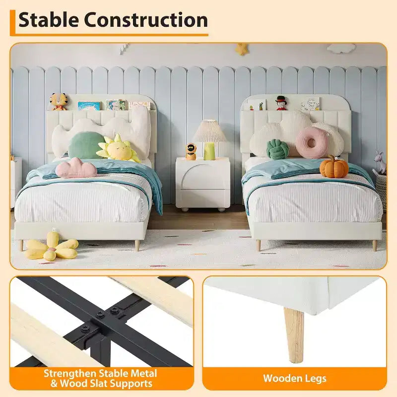 Kids Platform Bed with Storage Headboard and Bookshelf, Velvet Upholstered, No Box Spring Needed, Full/Twin/Twin XL