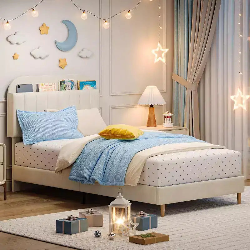 Kids Platform Bed with Storage Headboard and Bookshelf, Velvet Upholstered, No Box Spring Needed, Full/Twin/Twin XL