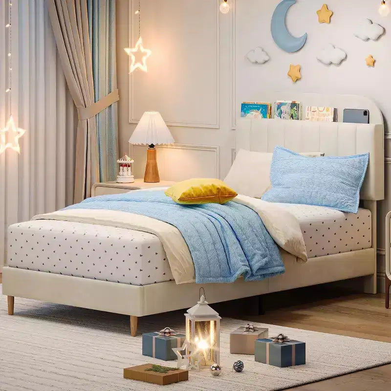 Kids Platform Bed with Storage Headboard and Bookshelf, Velvet Upholstered, No Box Spring Needed, Full/Twin/Twin XL