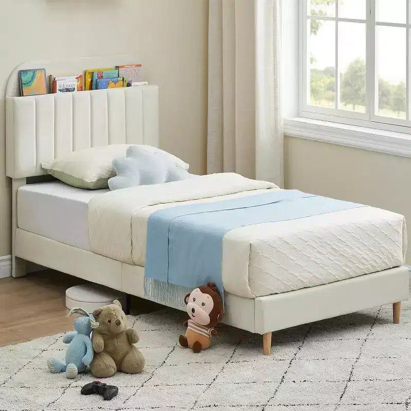 Kids Platform Bed with Storage Headboard and Bookshelf, Velvet Upholstered, No Box Spring Needed, Full/Twin/Twin XL