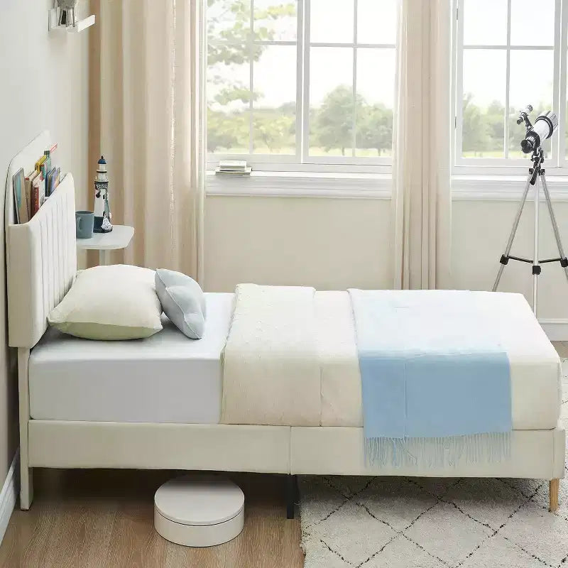 Kids Platform Bed with Storage Headboard and Bookshelf, Velvet Upholstered, No Box Spring Needed, Full/Twin/Twin XL
