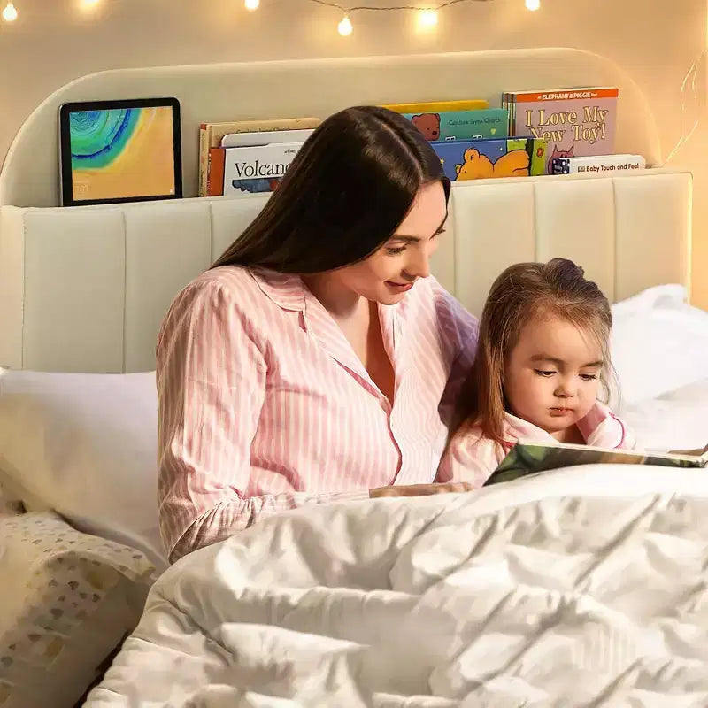 Kids Platform Bed with Storage Headboard and Bookshelf, Velvet Upholstered, No Box Spring Needed, Full/Twin/Twin XL