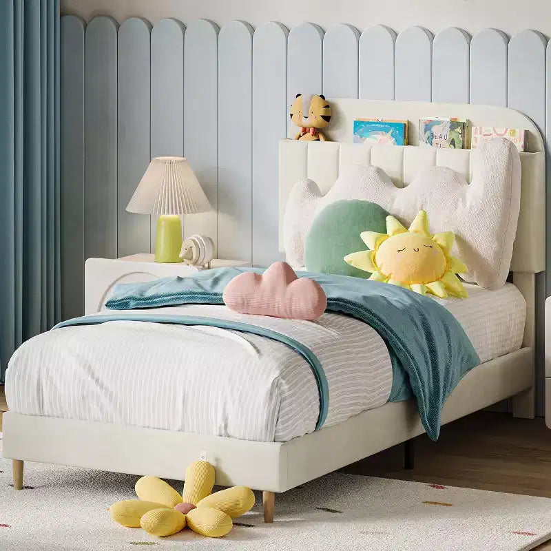 GustoWave Full Size Upholstered Platform Bed Frame with Storage Headboard & Bookshelf for Kids or Teens