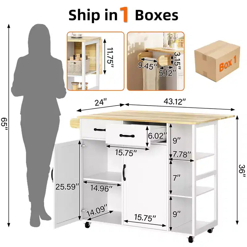 Rolling Kitchen Island Cart with Drop Leaf, 2 Cabinets, 2 Drawers, 3-Tier Spice Rack and Towel Holder