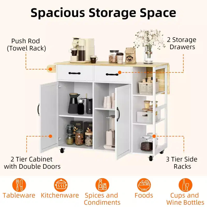 Rolling Kitchen Island Cart with Drop Leaf, 2 Cabinets, 2 Drawers, 3-Tier Spice Rack and Towel Holder
