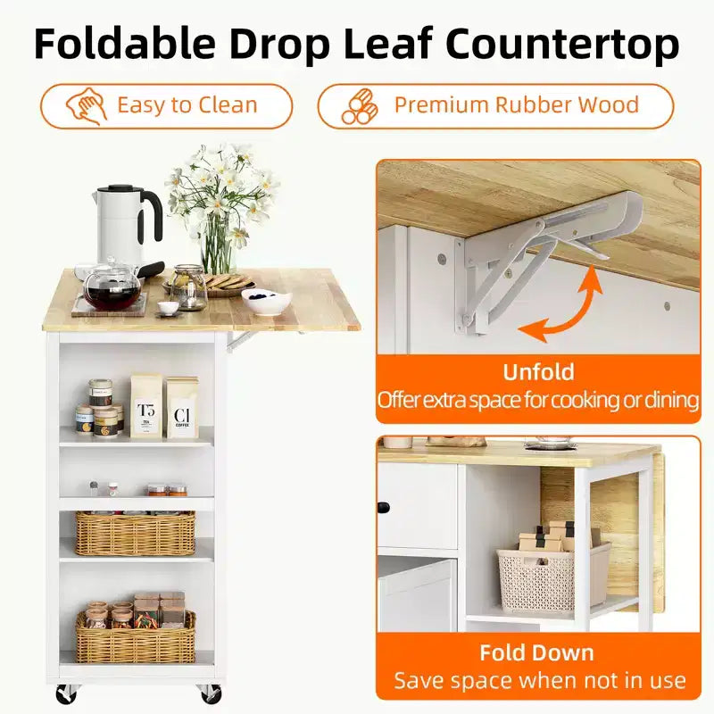 Rolling Kitchen Island Cart with Drop Leaf, 2 Cabinets, 2 Drawers, 3-Tier Spice Rack and Towel Holder