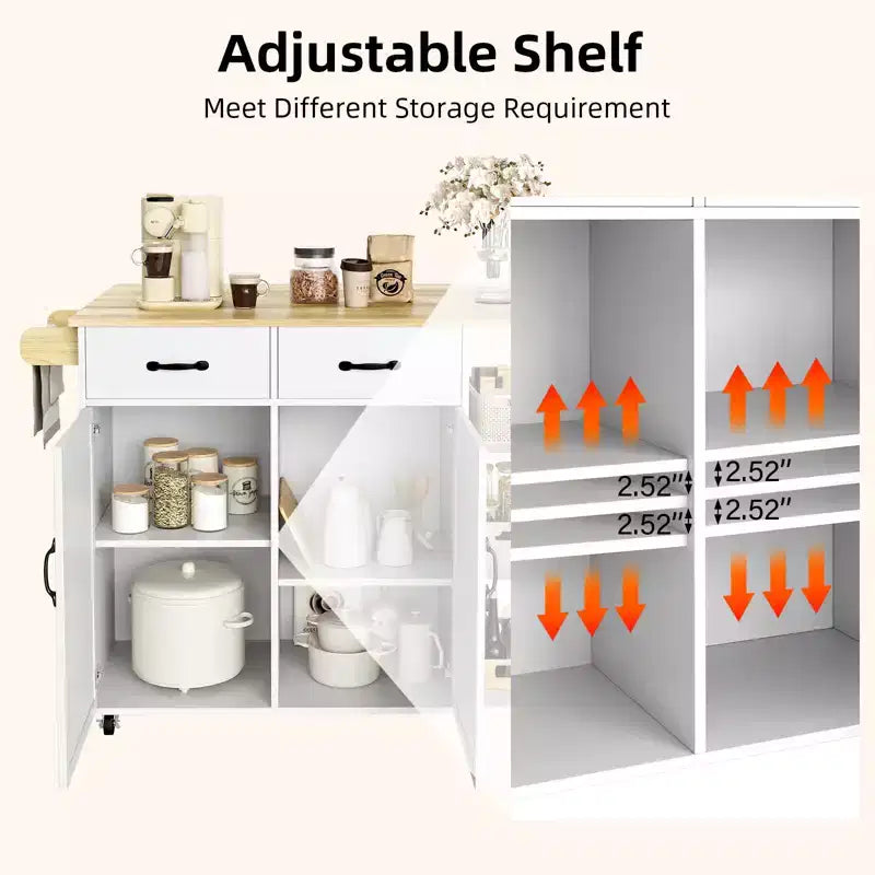 Rolling Kitchen Island Cart with Drop Leaf, 2 Cabinets, 2 Drawers, 3-Tier Spice Rack and Towel Holder