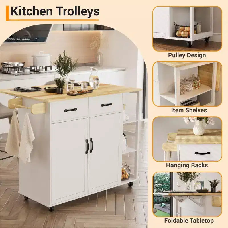 Rolling Kitchen Island Cart with Drop Leaf, 2 Cabinets, 2 Drawers, 3-Tier Spice Rack and Towel Holder