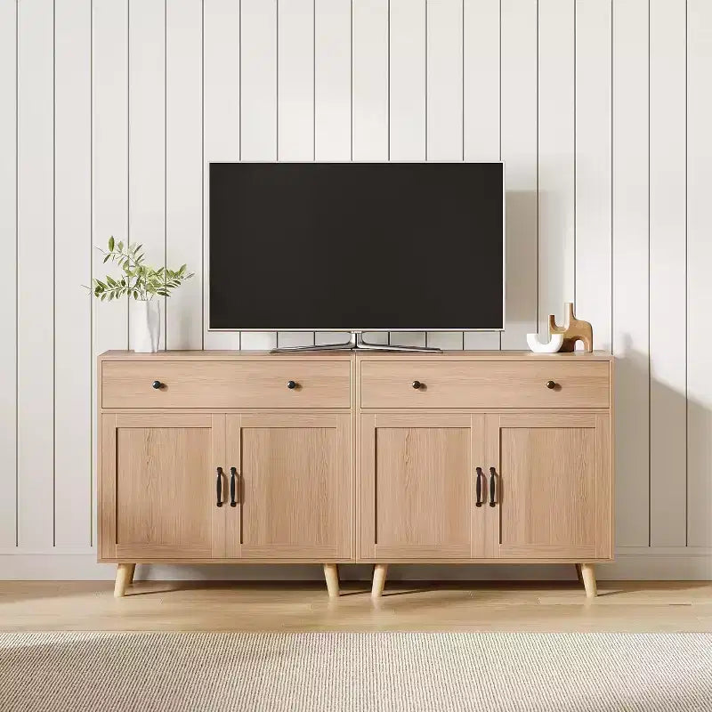 TV Stand Storage Cabinet with Open Shelves, Drawer and Double-Door Cabinet, Wood Finish, 72"H x 32"W x 15"D