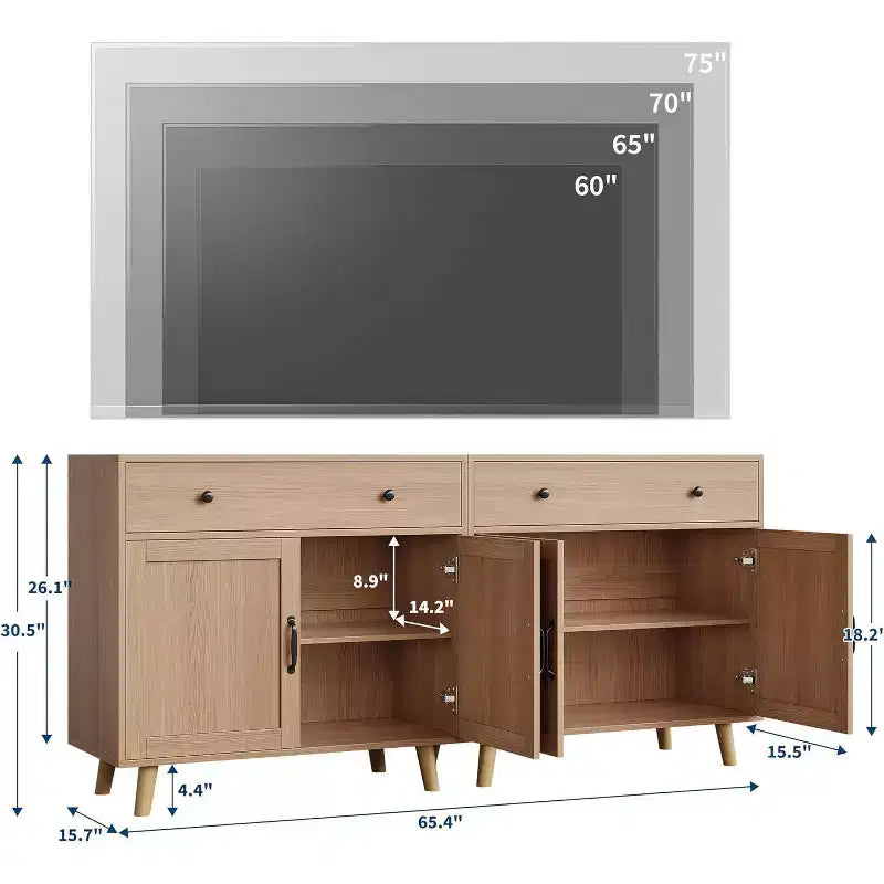 TV Stand Storage Cabinet with Open Shelves, Drawer and Double-Door Cabinet, Wood Finish, 72"H x 32"W x 15"D