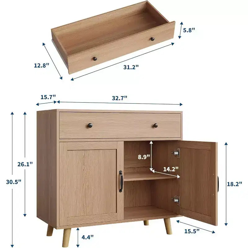 TV Stand Storage Cabinet with Open Shelves, Drawer and Double-Door Cabinet, Wood Finish, 72"H x 32"W x 15"D