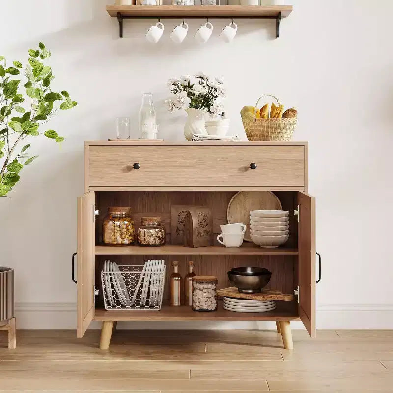 TV Stand Storage Cabinet with Open Shelves, Drawer and Double-Door Cabinet, Wood Finish, 72"H x 32"W x 15"D