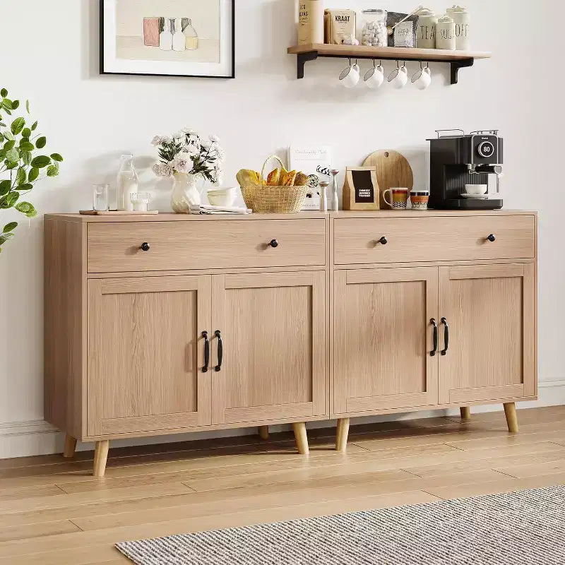 TV Stand Storage Cabinet with Open Shelves, Drawer and Double-Door Cabinet, Wood Finish, 72"H x 32"W x 15"D