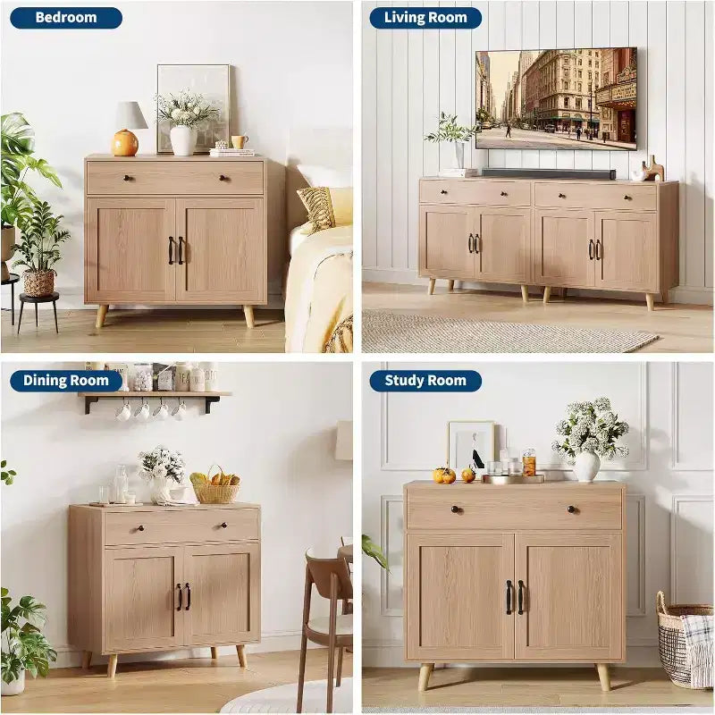 TV Stand Storage Cabinet with Open Shelves, Drawer and Double-Door Cabinet, Wood Finish, 72"H x 32"W x 15"D