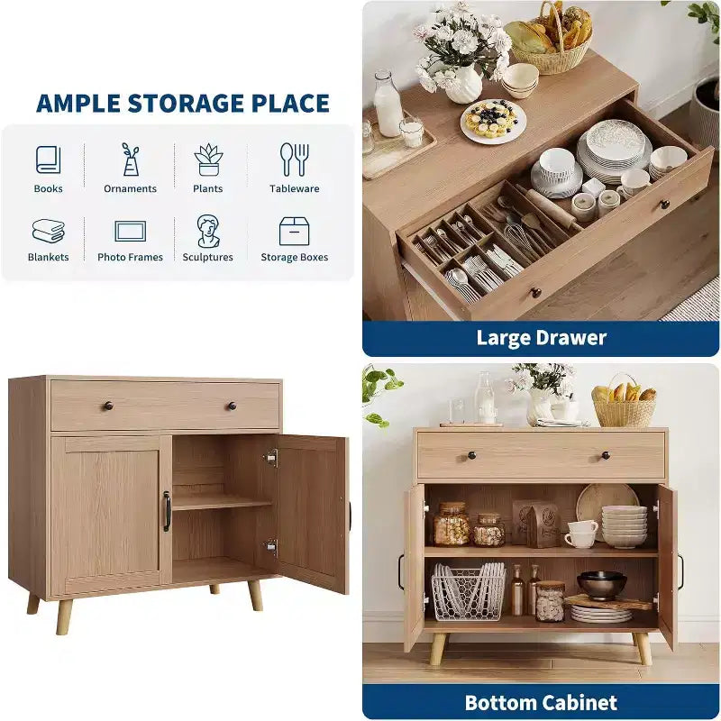 TV Stand Storage Cabinet with Open Shelves, Drawer and Double-Door Cabinet, Wood Finish, 72"H x 32"W x 15"D