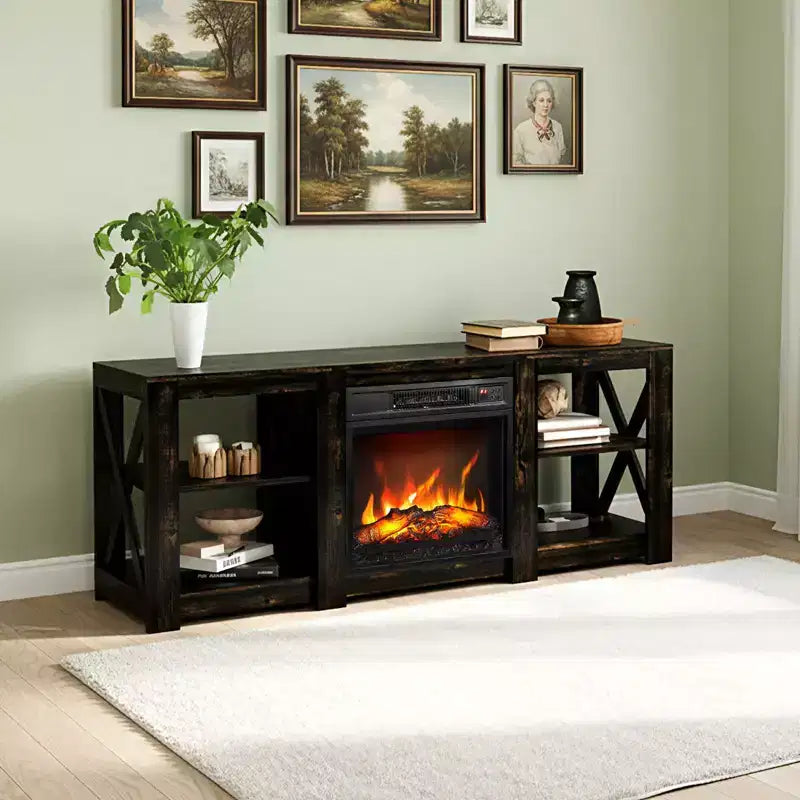 TV Stand with 18" Electric Fireplace for TVs up to 70", Farmhouse Style, 58.66"W x 15.75"D x 23.62"H