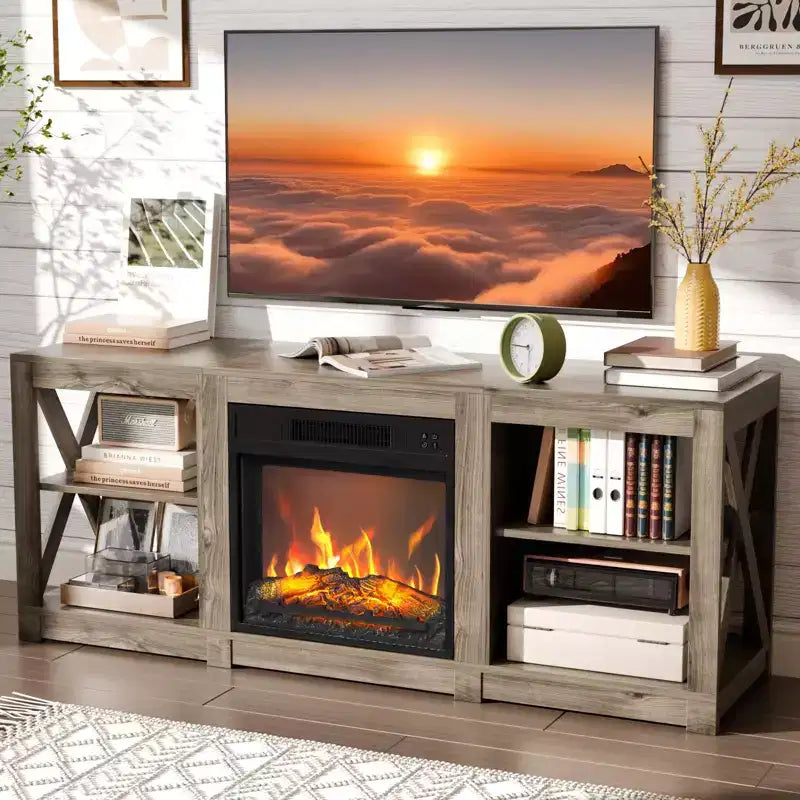 TV Stand with 18" Electric Fireplace for TVs up to 70", Farmhouse Style, 58.66"W x 15.75"D x 23.62"H