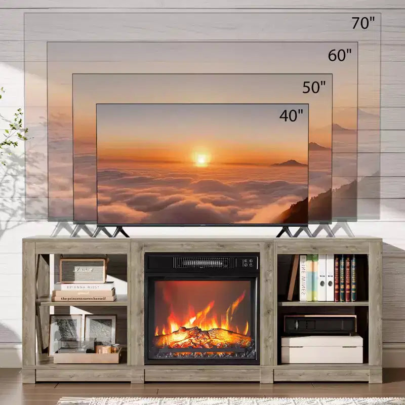 TV Stand with 18" Electric Fireplace for TVs up to 70", Farmhouse Style, 58.66"W x 15.75"D x 23.62"H